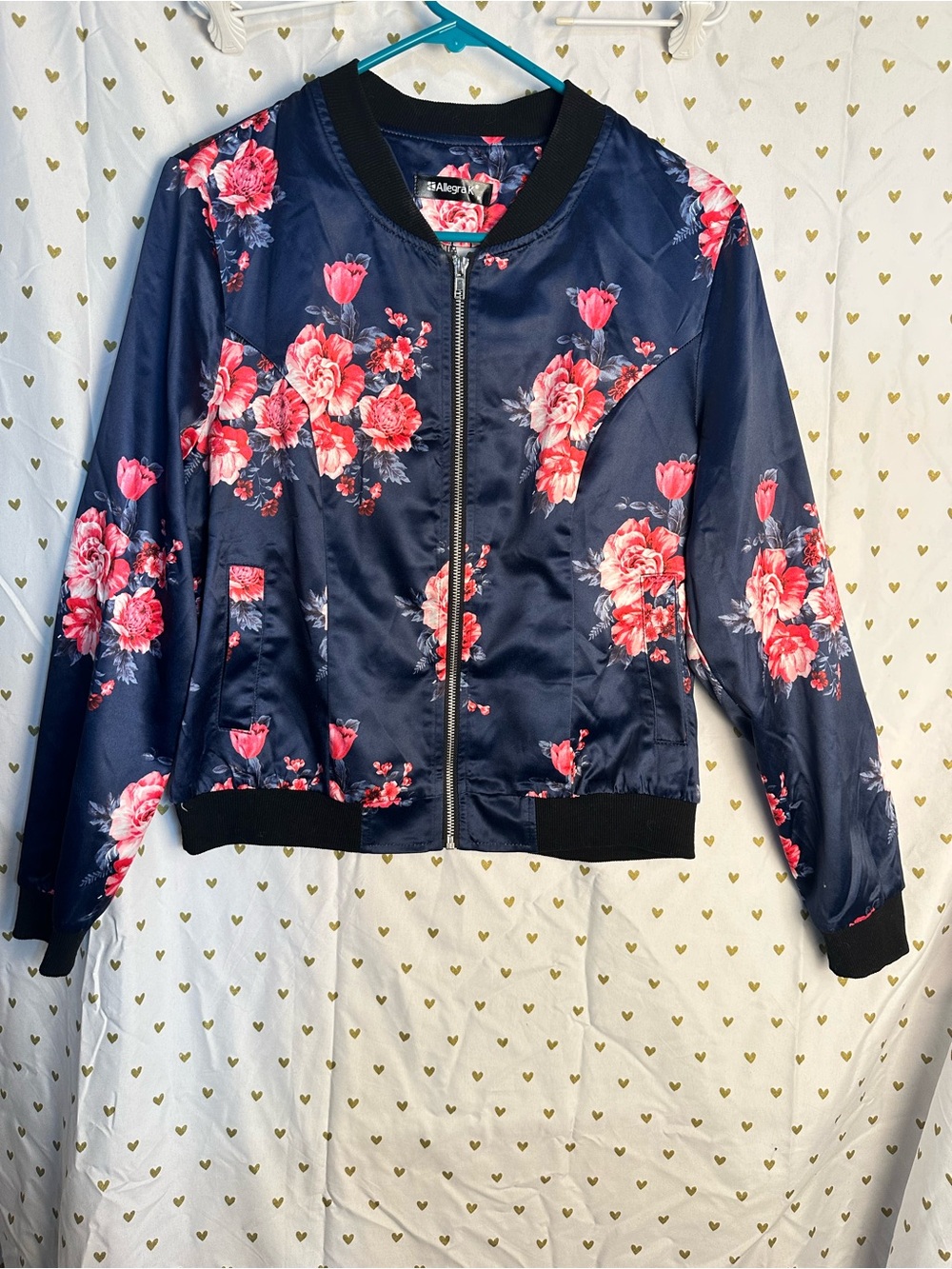 Allegra K Navy Bomber Jacket with Pink & Red Floral Print